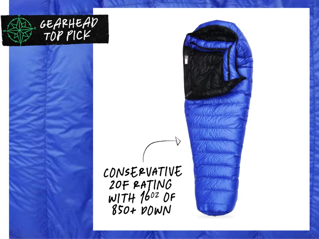 A very poofy blue sleeping bag. Text overlay reads: Gearhead Top Pick, conservative 20F rating with 16oz of 850+ down.